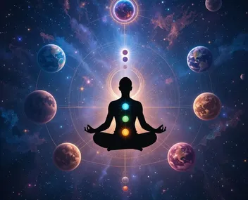 A man meditating with all the planets
