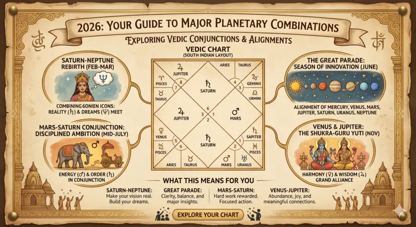 "A detailed infographic on ancient parchment, providing a 2026 guide to major planetary combinations like the Saturn-Neptune Rebirth and Great Parade. The creative image uses a clear, English-language Vedic chart and circular panels with planet icons (♃, ♄, ♂) to visually explain upcoming conjunctions for a wide audience."