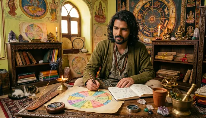 Indian astrologer writing his predictions.