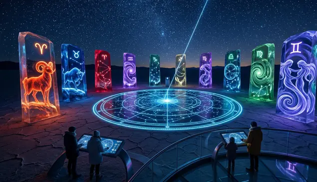 Different zodiac signs calculating a astrologer with advanced machines.