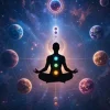 A man meditating with all the planets.